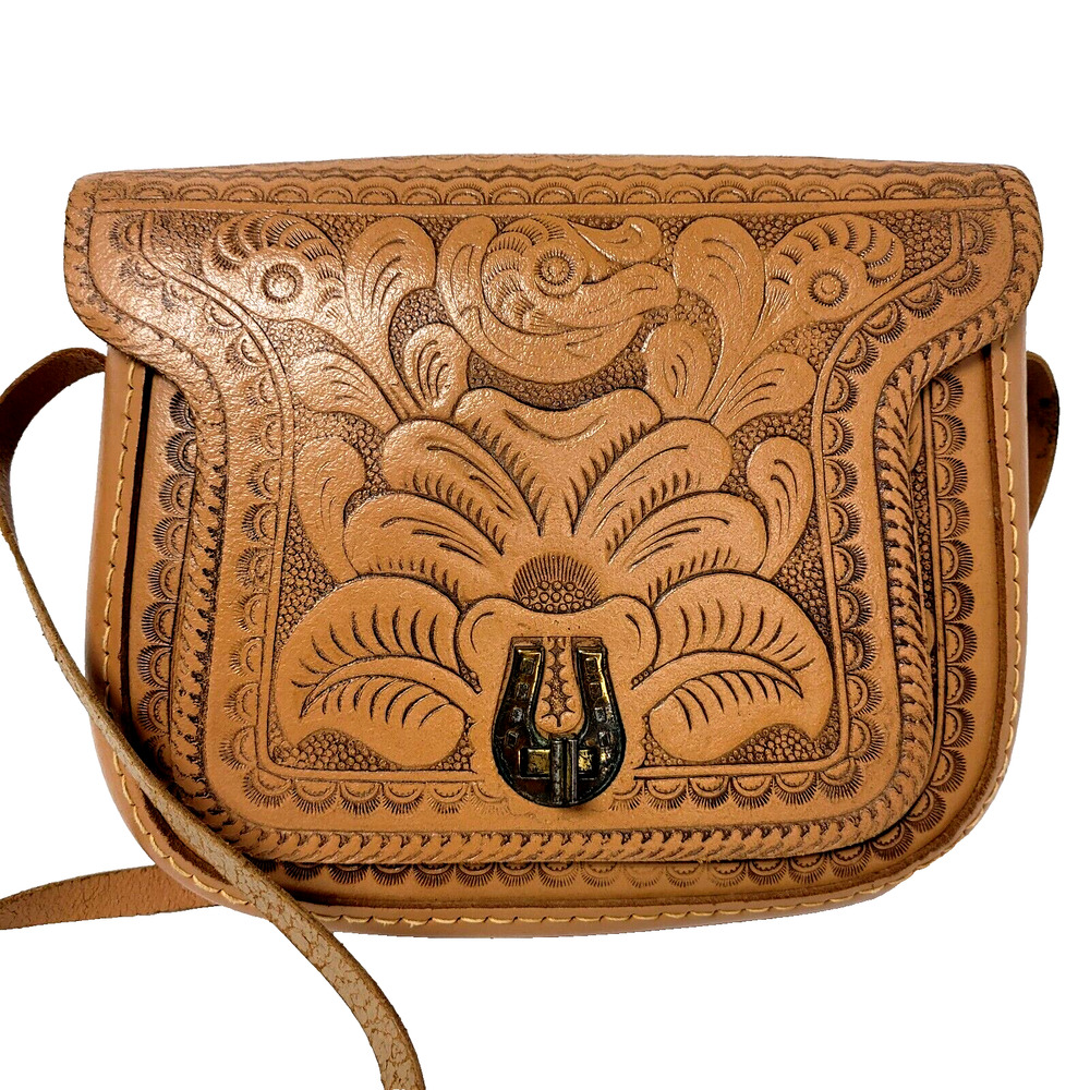 Vintage 1970s Tooled Leather Handbag Adjustable Strap STUNNING boho chic